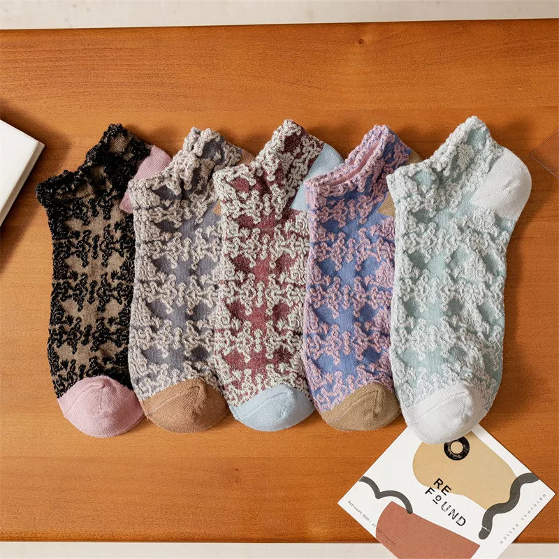 5 Pair Vintage Textured Ankle Socks Set