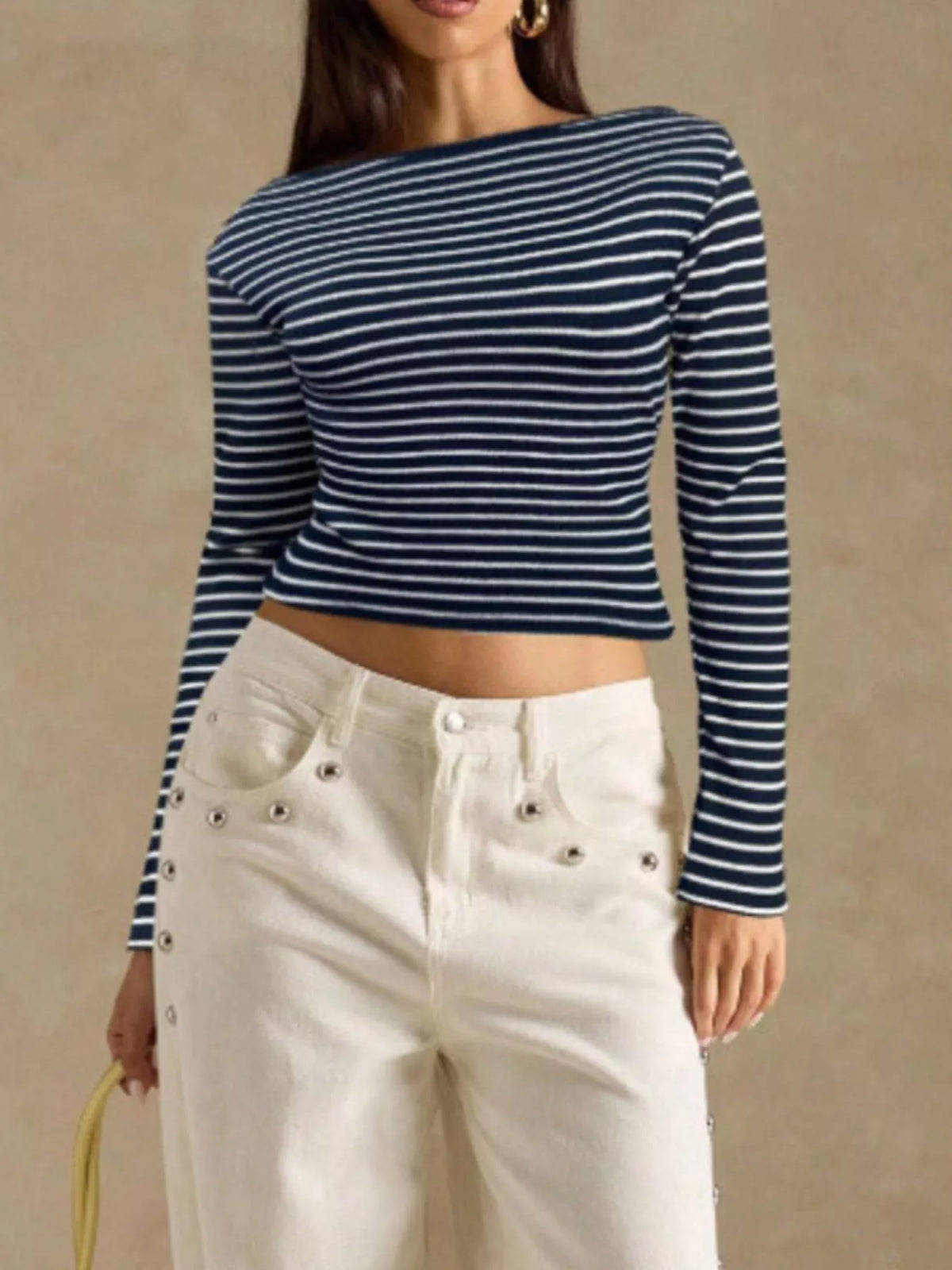 Off-Shoulder Striped Ribbed Long Sleeve T-Shirt, view 15