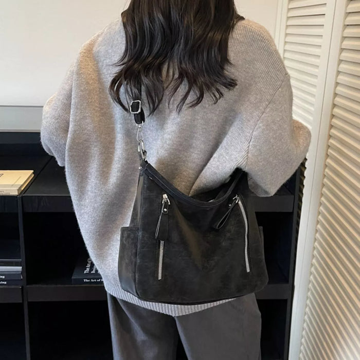 Multi-Zipper Casual Shoulder Bag in Black