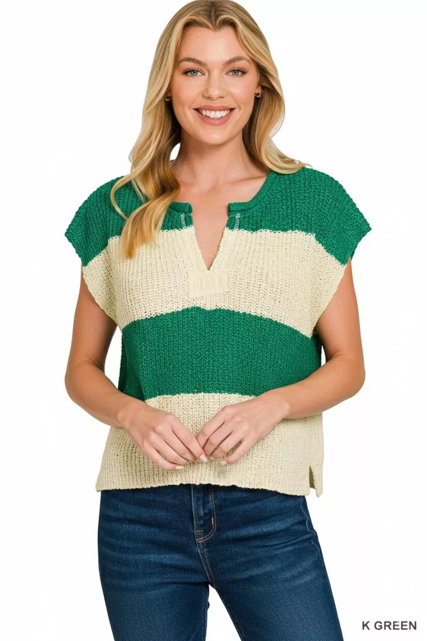 Zenana Split Neck Sleeveless Stripe Sweater, view 3