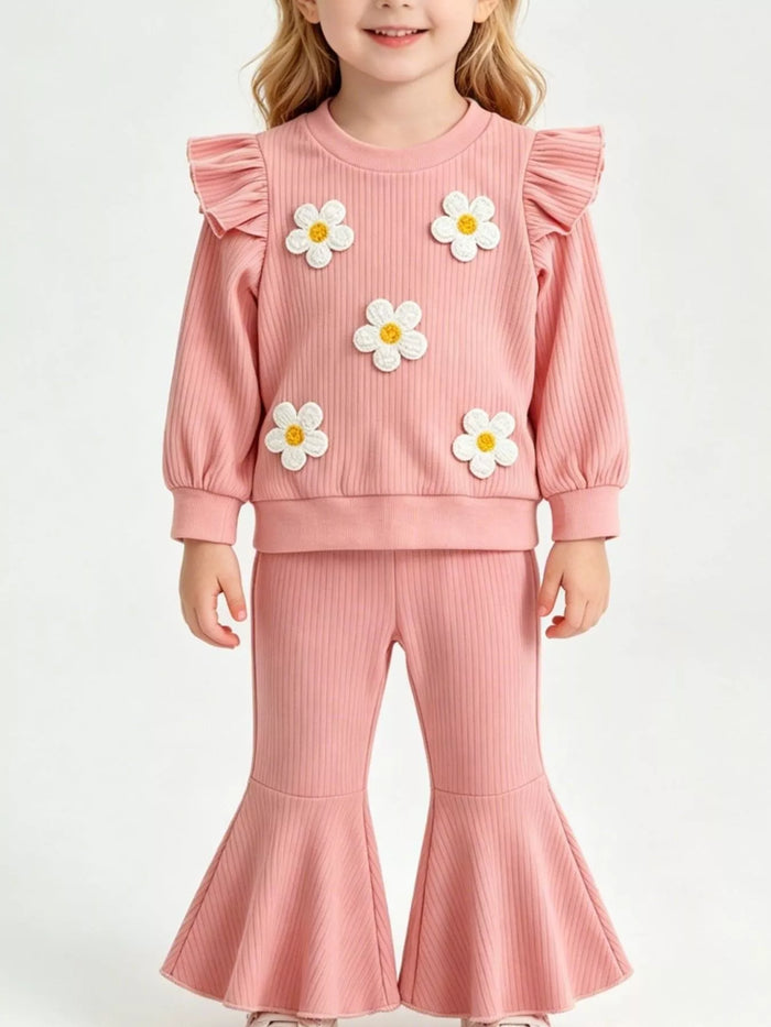 Children's Daisy Ruffled Ribbed Top and Flare Pants Set - Lilixa.store