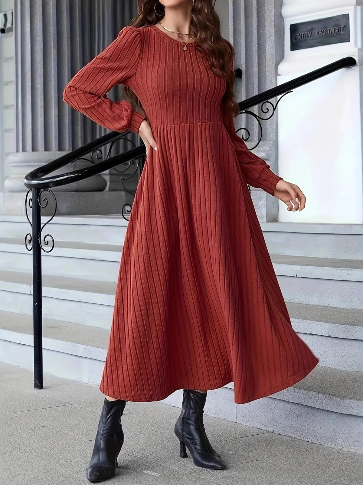 Ribbed Long Sleeve Sweater Dress in Rust, view 2