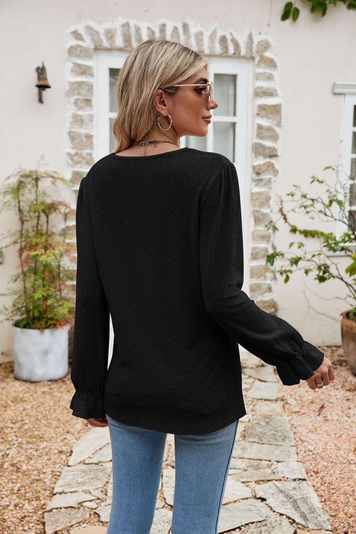 Eyelet Lace Trim Flounce Sleeve Blouse, view 6
