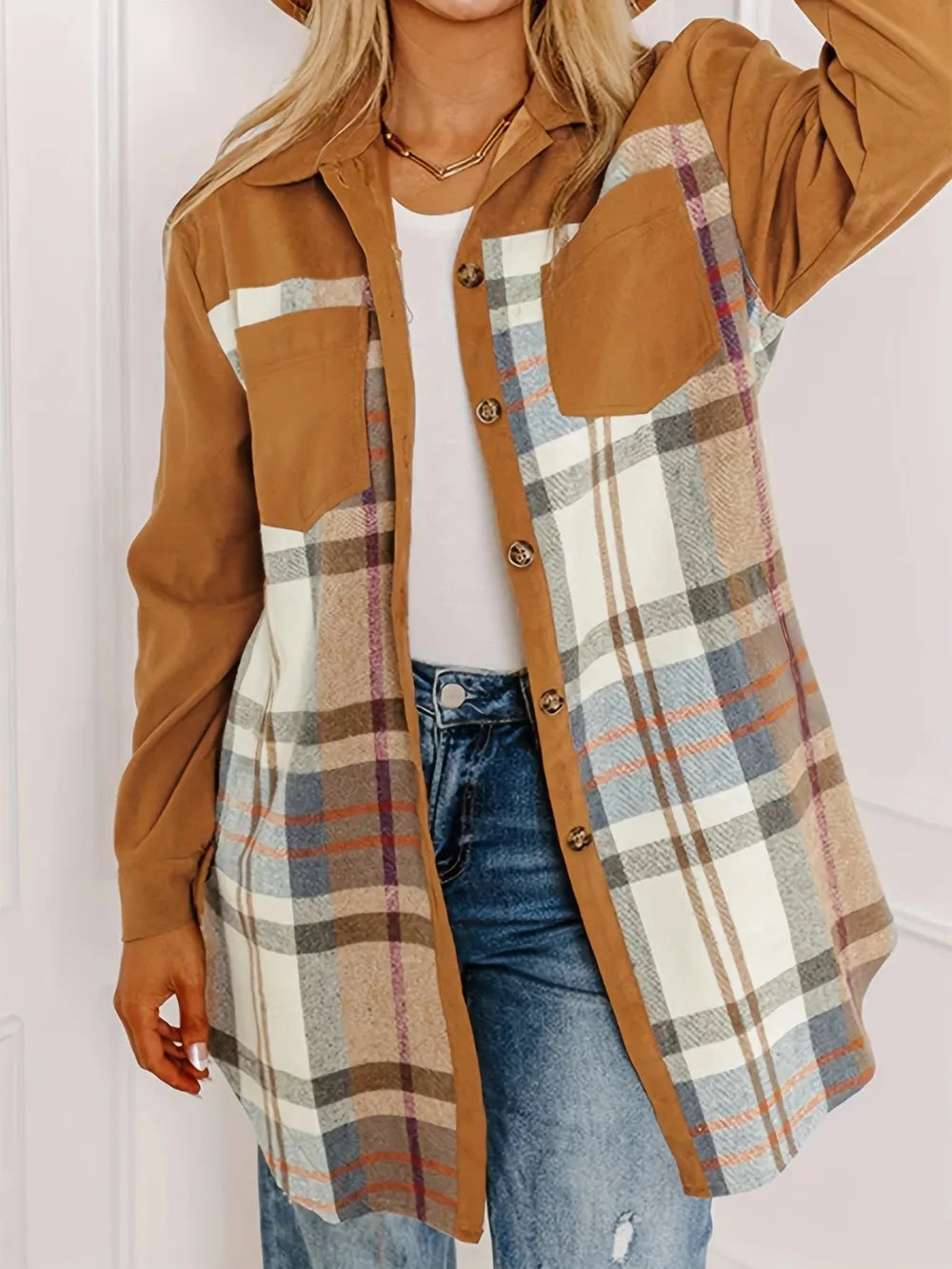 Plaid Collared Neck Long Sleeve Jacket - Lilixa.store