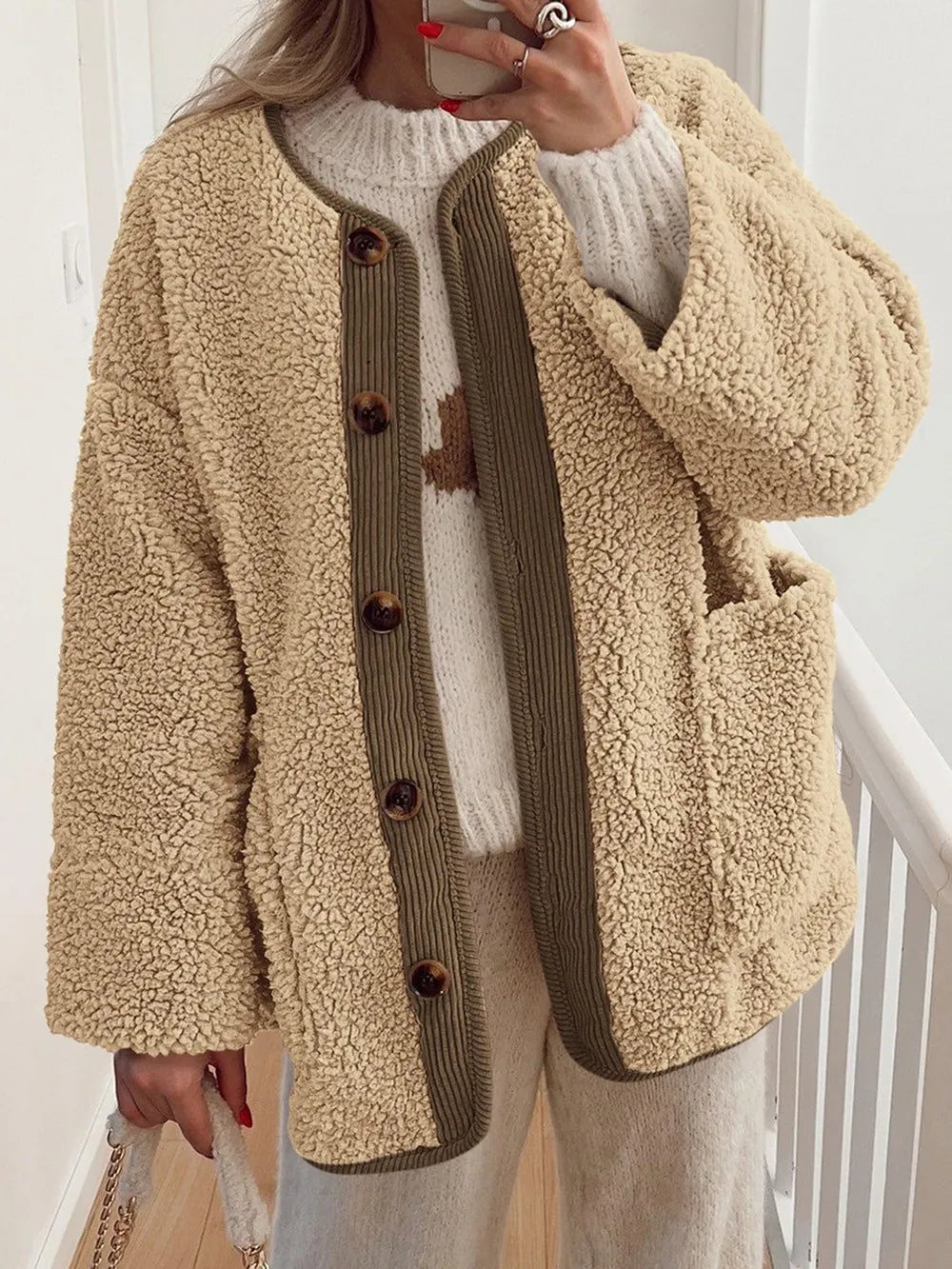 Contrast Button Up Sherpa Jacket with Pockets in Tan