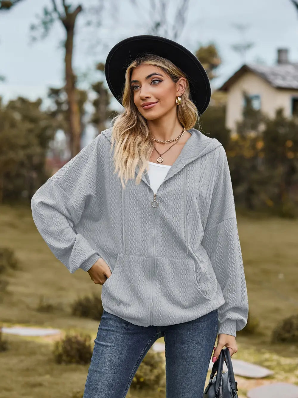 Zip Up Drawstring Long Sleeve Hooded Jacket, view 12