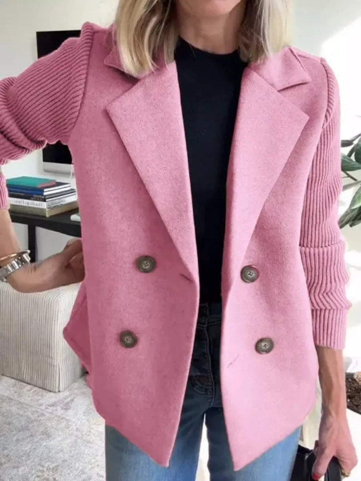 Full Size Knitted Sleeve Wool Blend Double-Breasted Blazer Plus Size - Lilixa.store