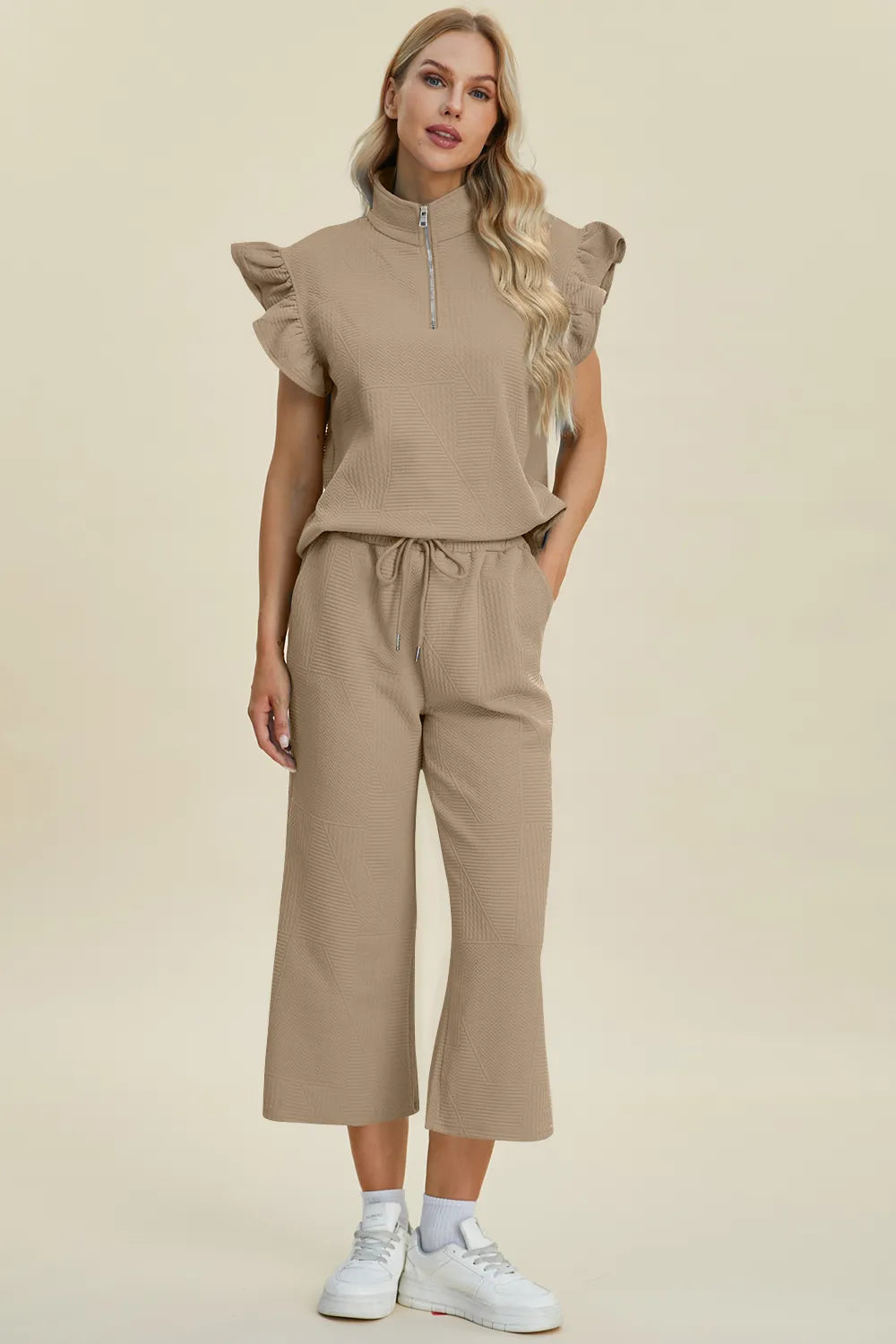 Double Take Full Size Texture Ruffle Short Sleeve Top and Wide Leg Pants Set, view 13