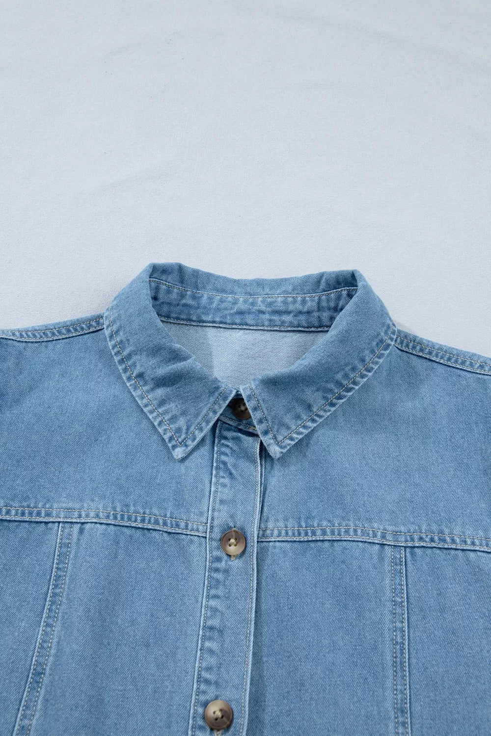 Button Down Short Puff Sleeve Ruffle Hem Denim Dress in Light Blue, view 9