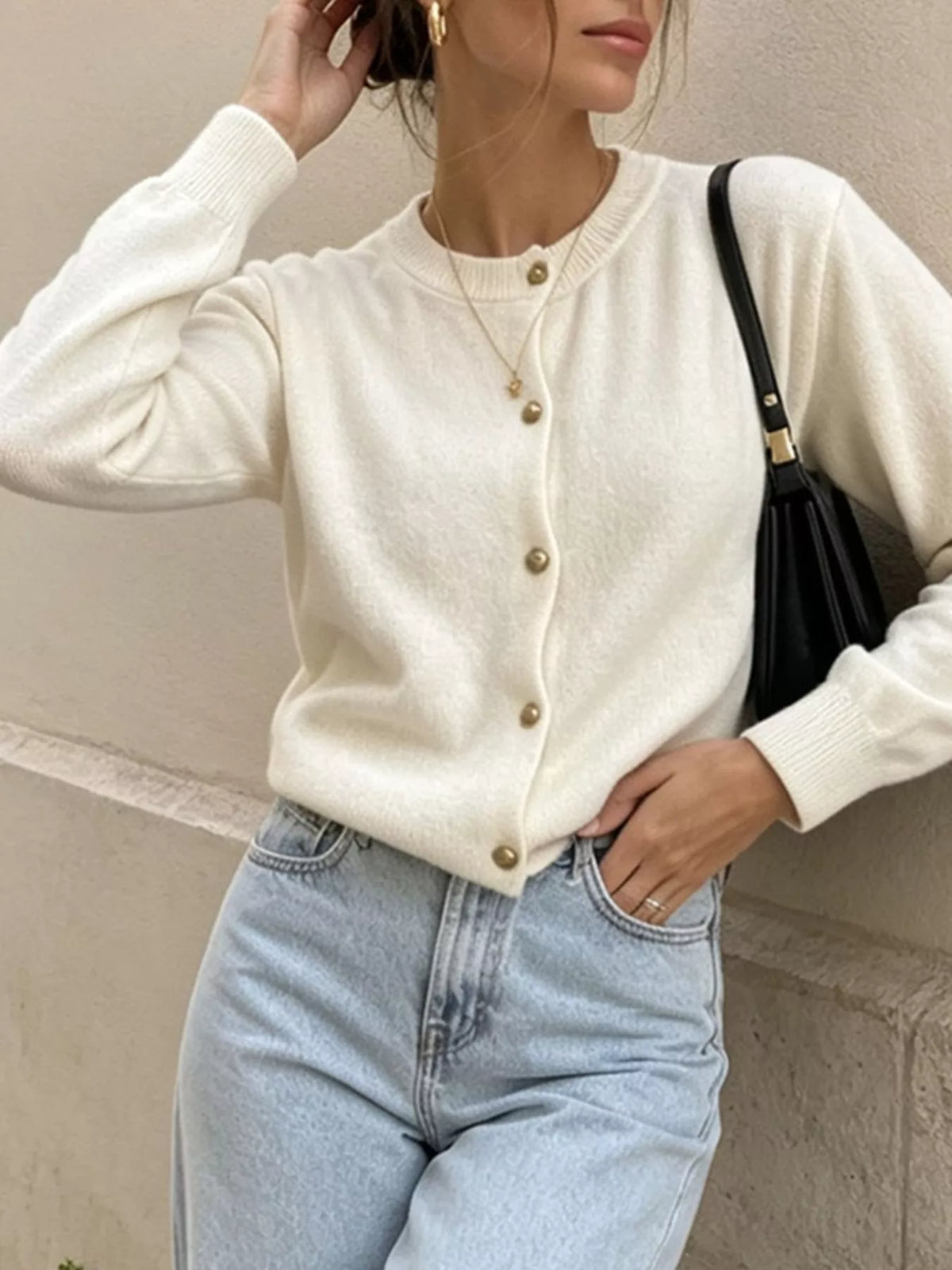 Classic Button-Down Knit Cardigan in White
