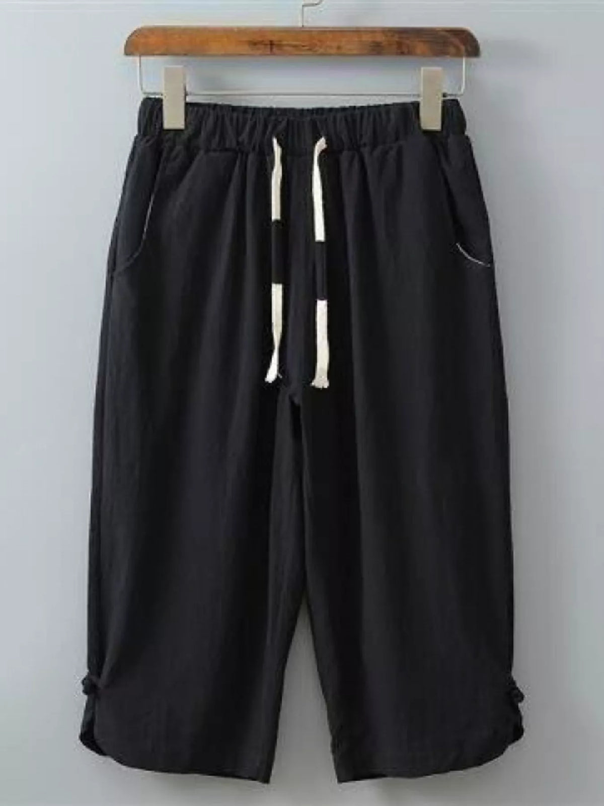 Men's Plus Size Casual Cropped Pants with Drawstring in Black