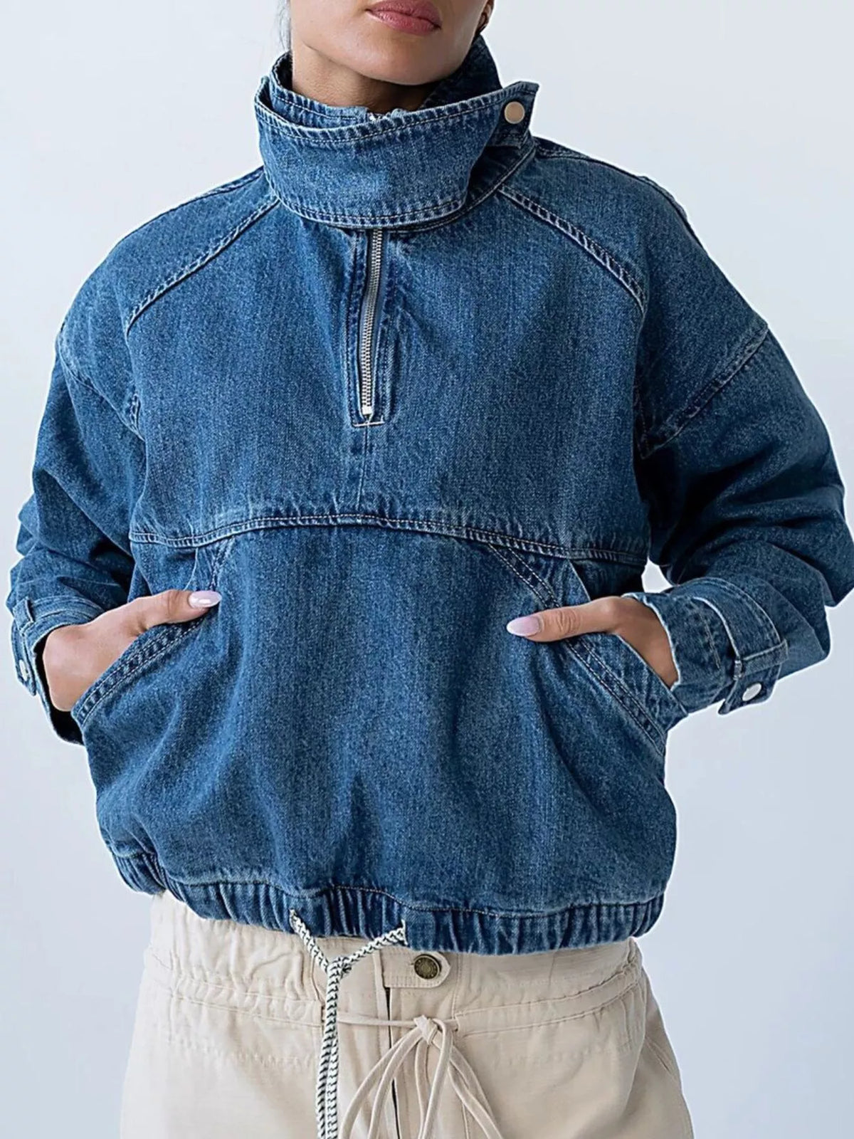 Half-Zip Turtleneck Denim Top