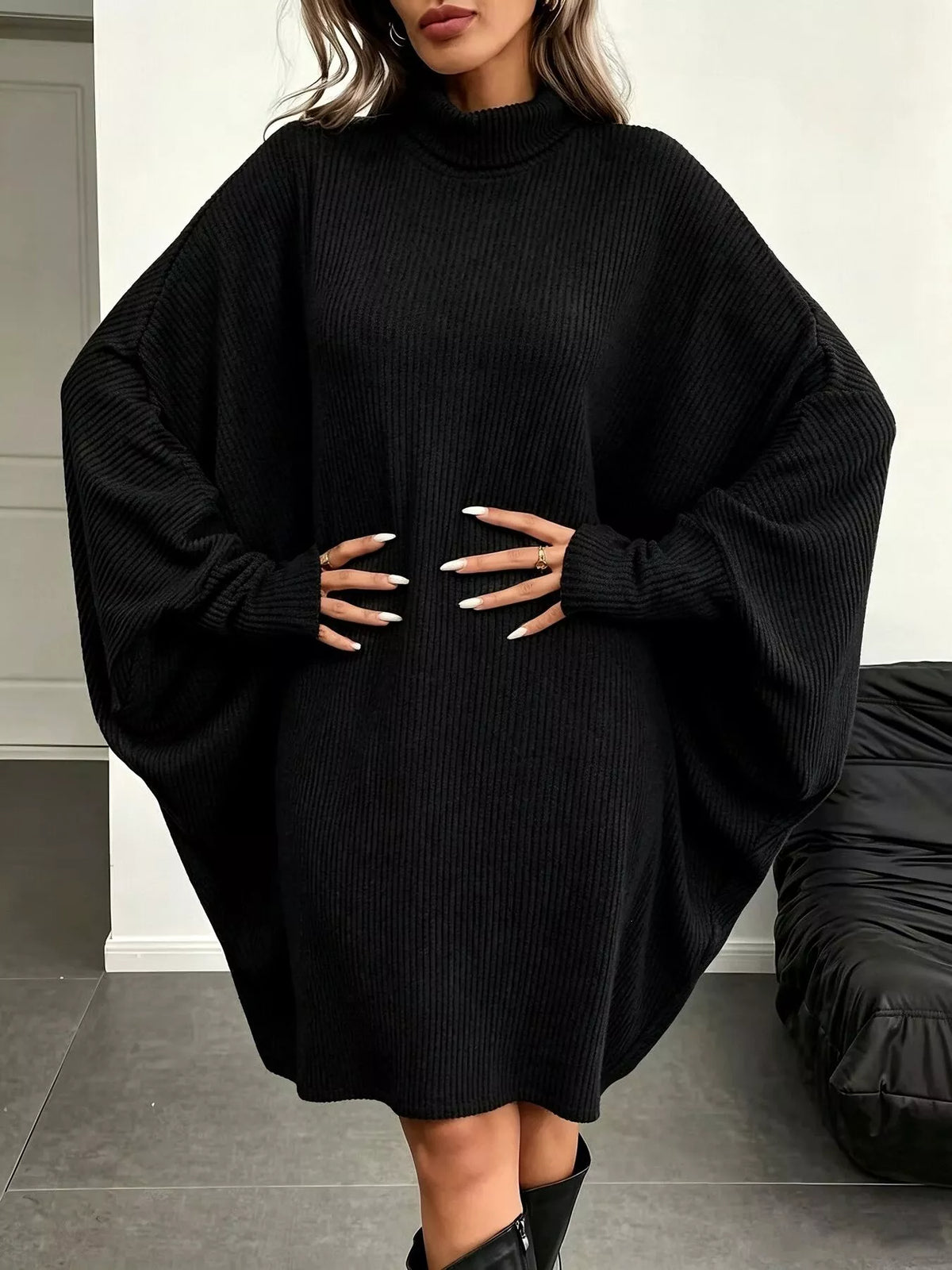 Oversized Batwing Sleeve Ribbed Knit Turtleneck Dress - Lilixa.store
