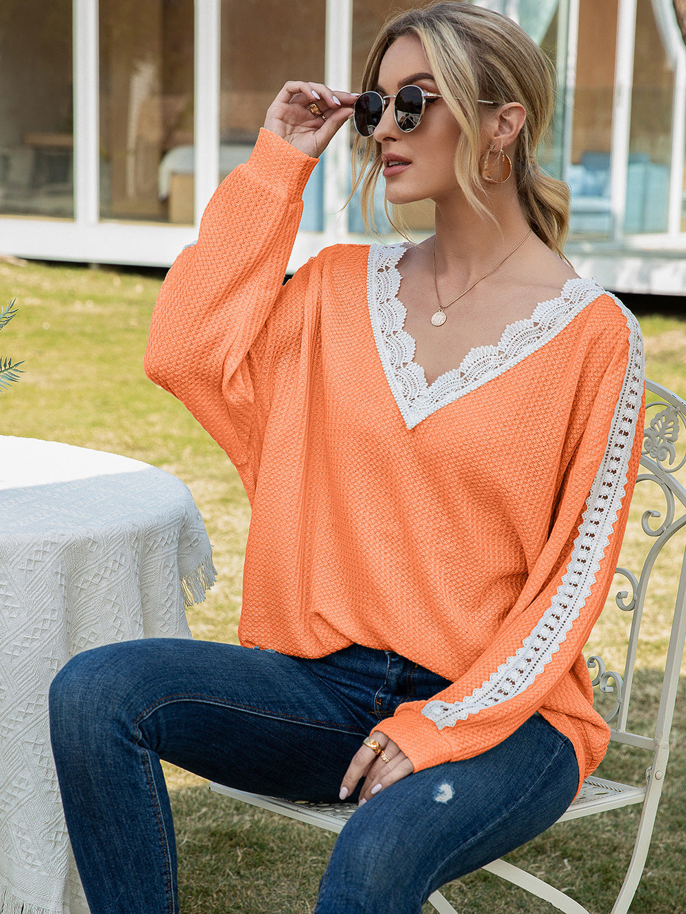 Ivy Lane Contrast Spliced Lace V-Neck Top in Orange