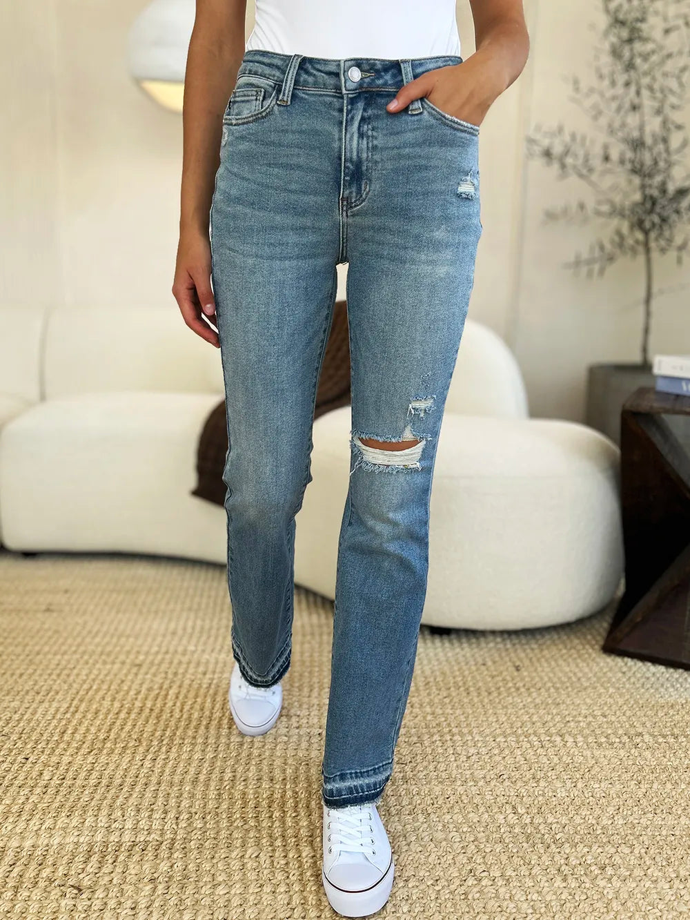 Judy Blue Full Size Mid Rise Destroyed Hem Distressed Jeans - Lilixa.store