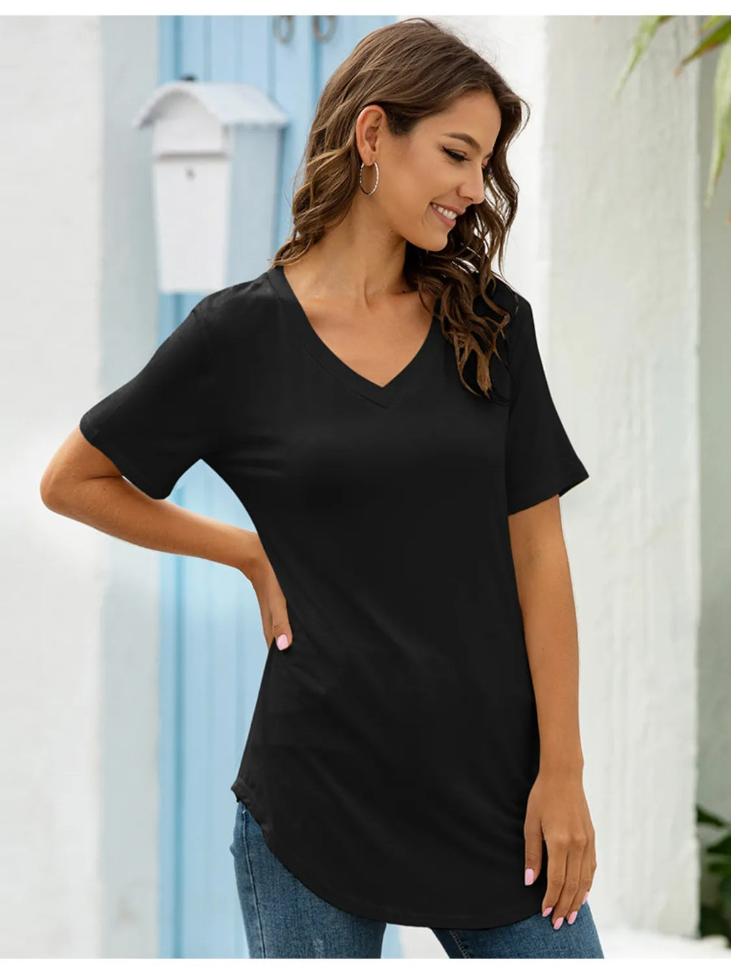 Full Size Solid V-Neck Short Sleeve T-Shirt Plus Size - Lilixa.store