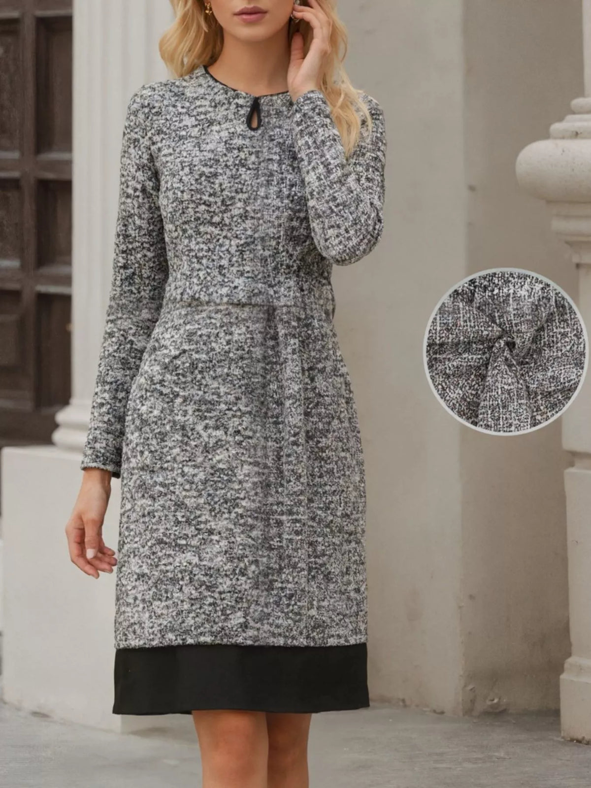 Elegant Long Sleeve Belted Shift Dress with Ruffled Hem in Black