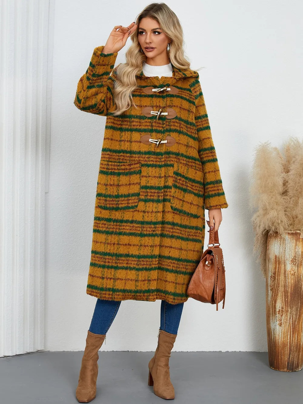 Plaid Long Sleeve Hooded Coat with Pockets, view 6