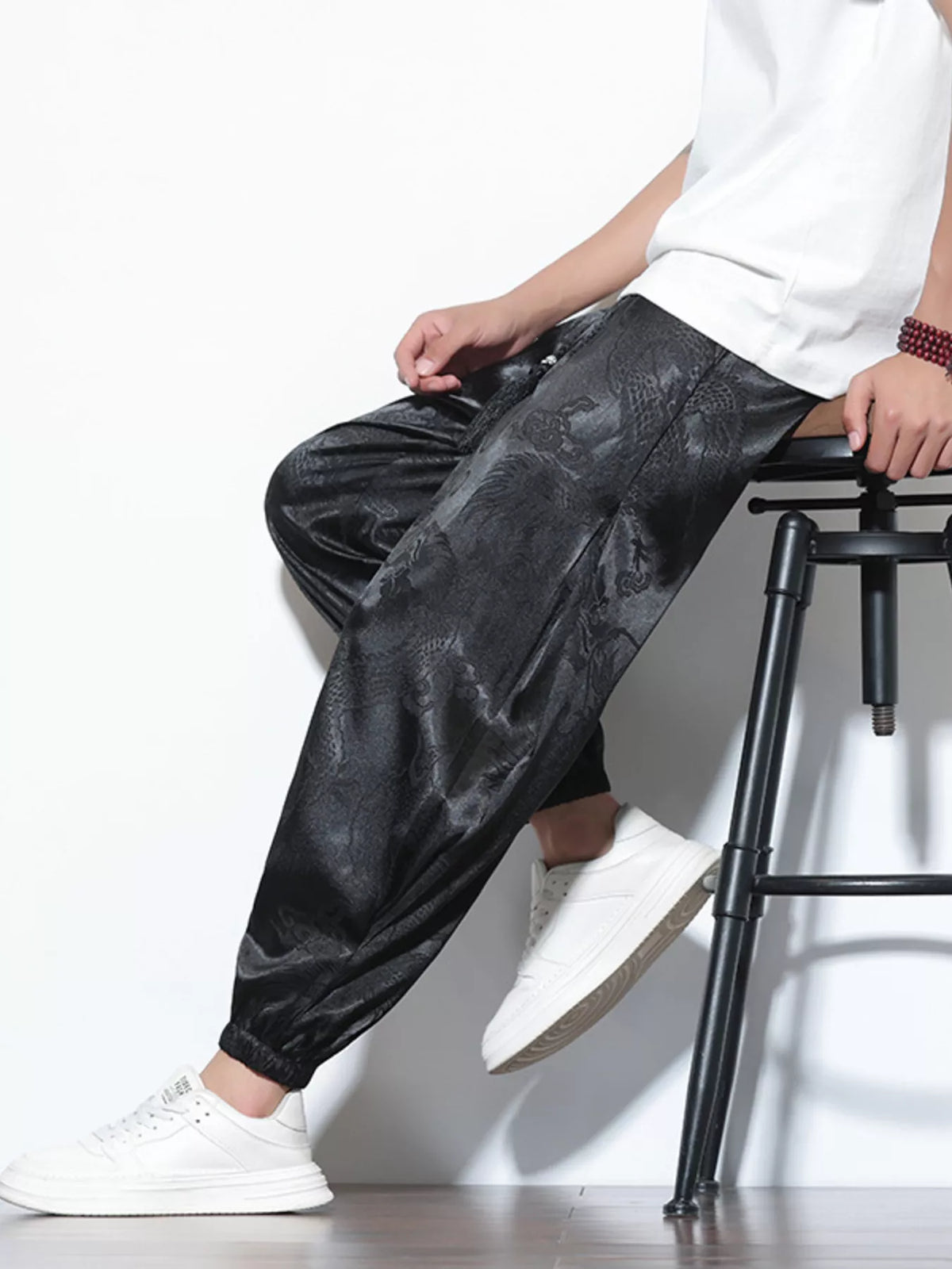 Men's Plus Size Dragon Pattern Silk Joggers, view 5