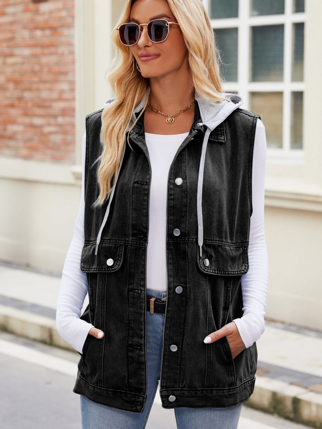 Drawstring Hooded Sleeveless Denim Jacket in Black
