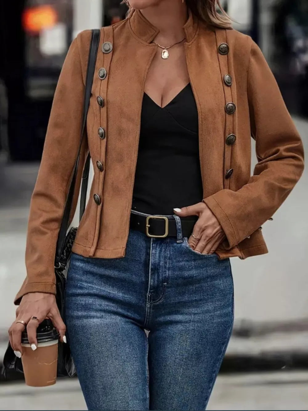 Decorative Button Open Front Long Sleeve Jacket, view 4