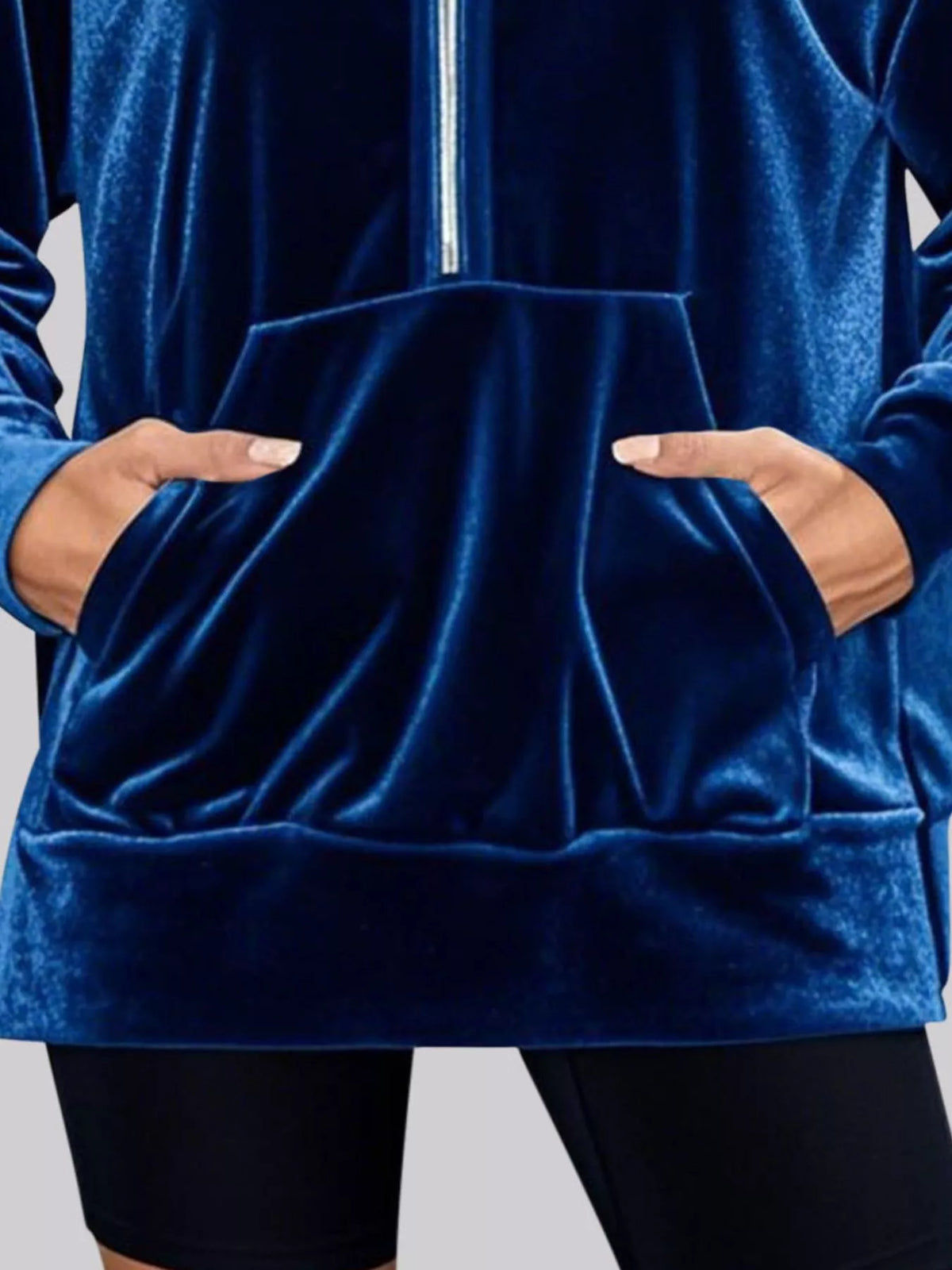 Full Size Velvet Half Zip Hoodie with Kangaroo Pocket Plus Size - Lilixa.store