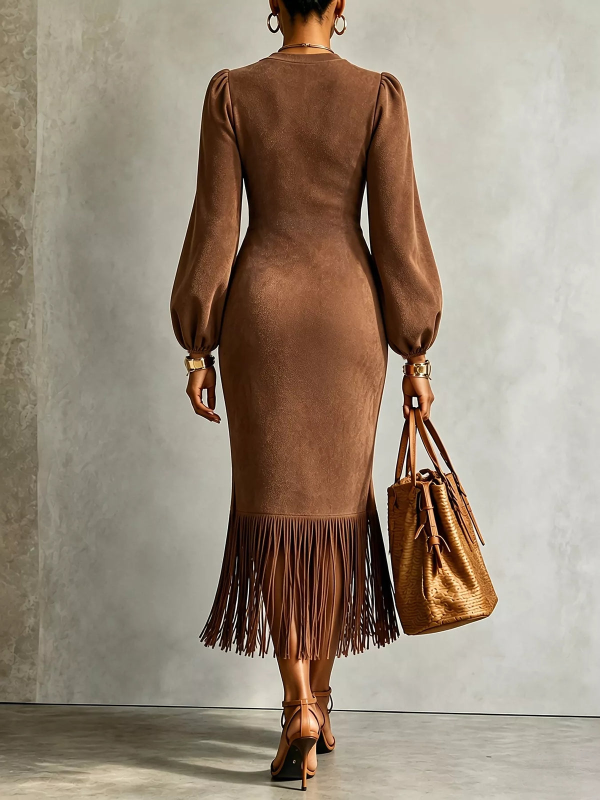 Fringe Balloon Sleeve Midi Dress