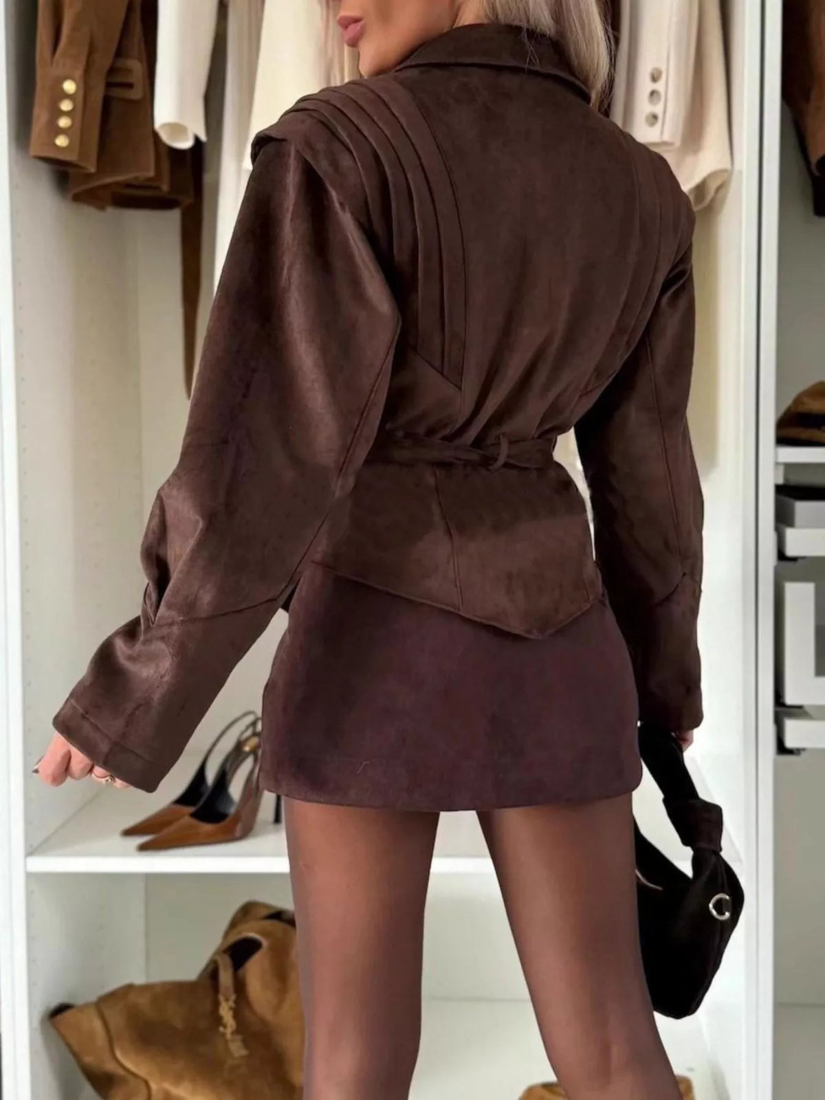 Lapel Collar Long Sleeve Jacket in Dark Brown, view 2