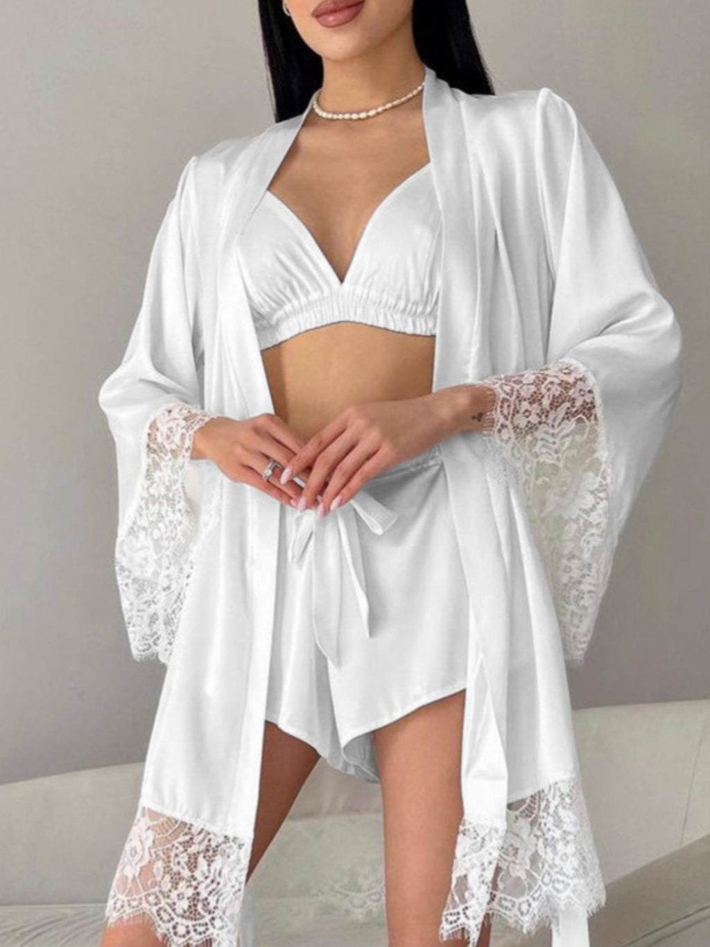 Cami & Lace Trim Cardigan & Shorts Lounge Set - Lilixa.store