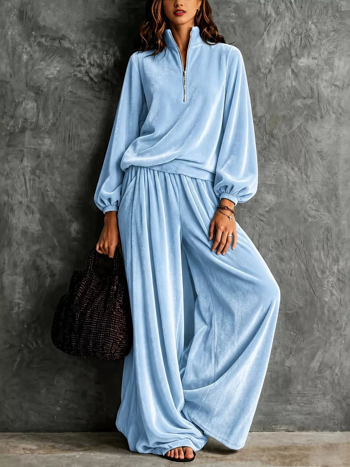 Quarter-Zip Sweatshirt and Wide-Leg Pants