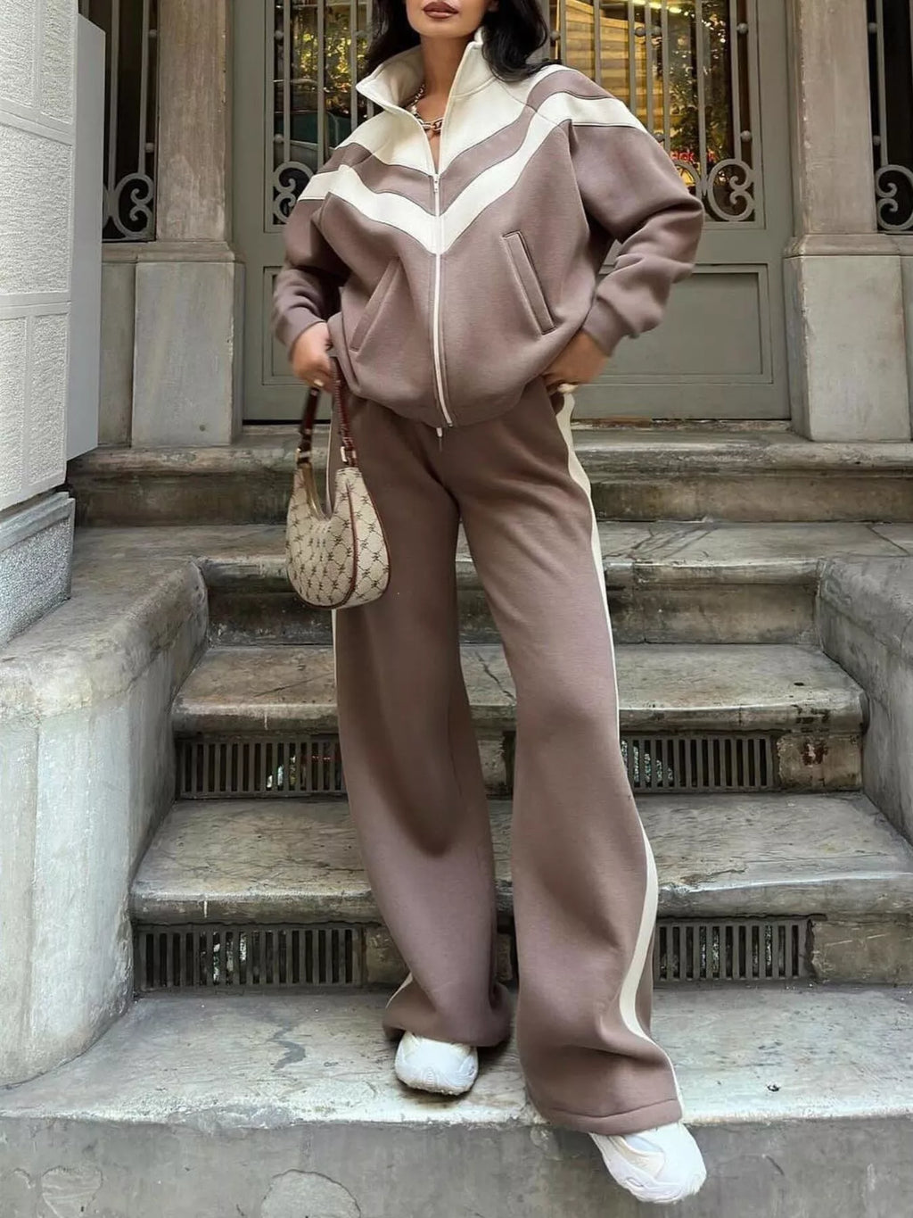 Color Block Zip-Up Outerwear and Pants Set - Lilixa.store