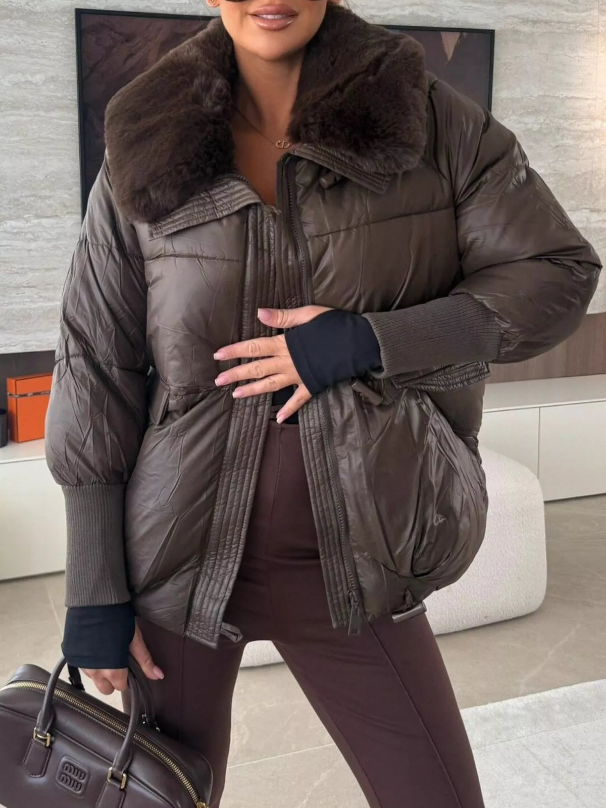 Fur Collar Padded Puffer Jacket in Brown