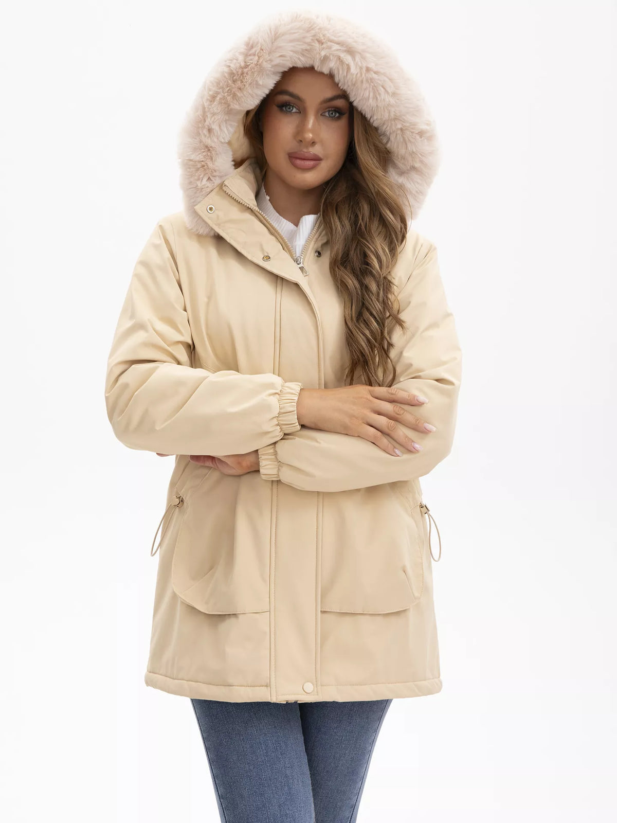 Full Size Fur Hooded Warm Winter Parka Outerwear Plus Size in Khaki