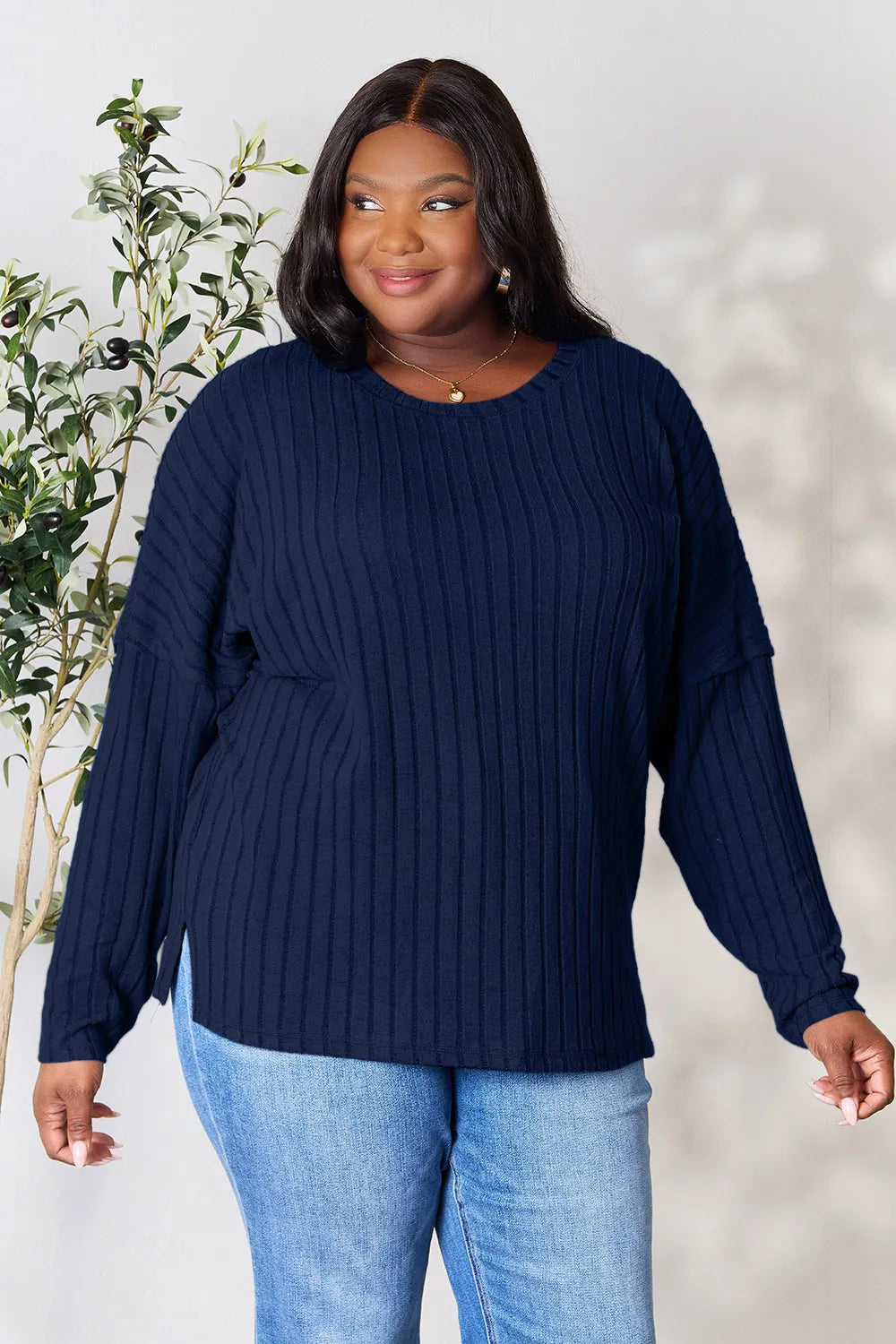 Basic Bae Full Size Ribbed Round Neck Slit Knit Top - Lilixa.store