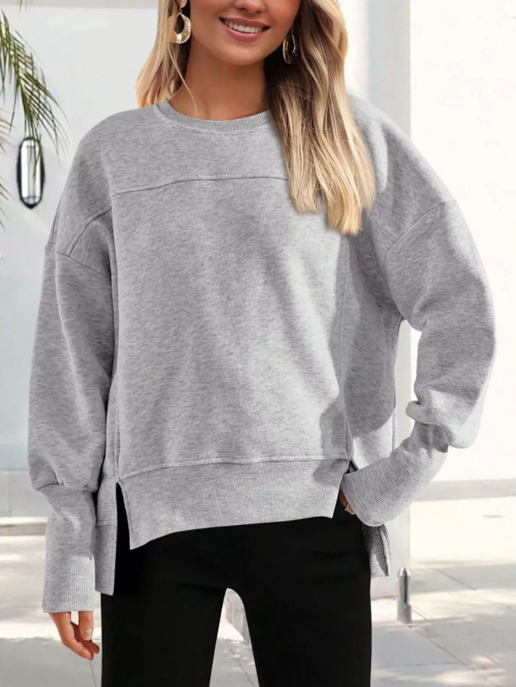 Slit Round Neck Dropped Shoulder Sweatshirt - Lilixa.store