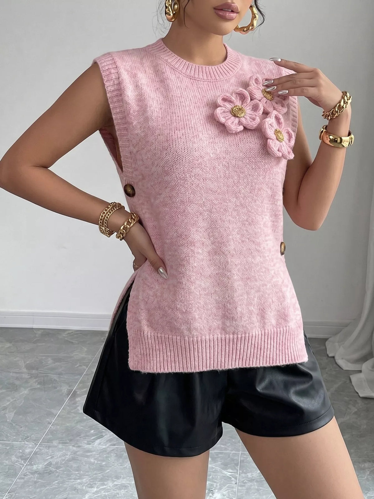 Side Button Sweater Vest with 3D Floral Appliques, view 3