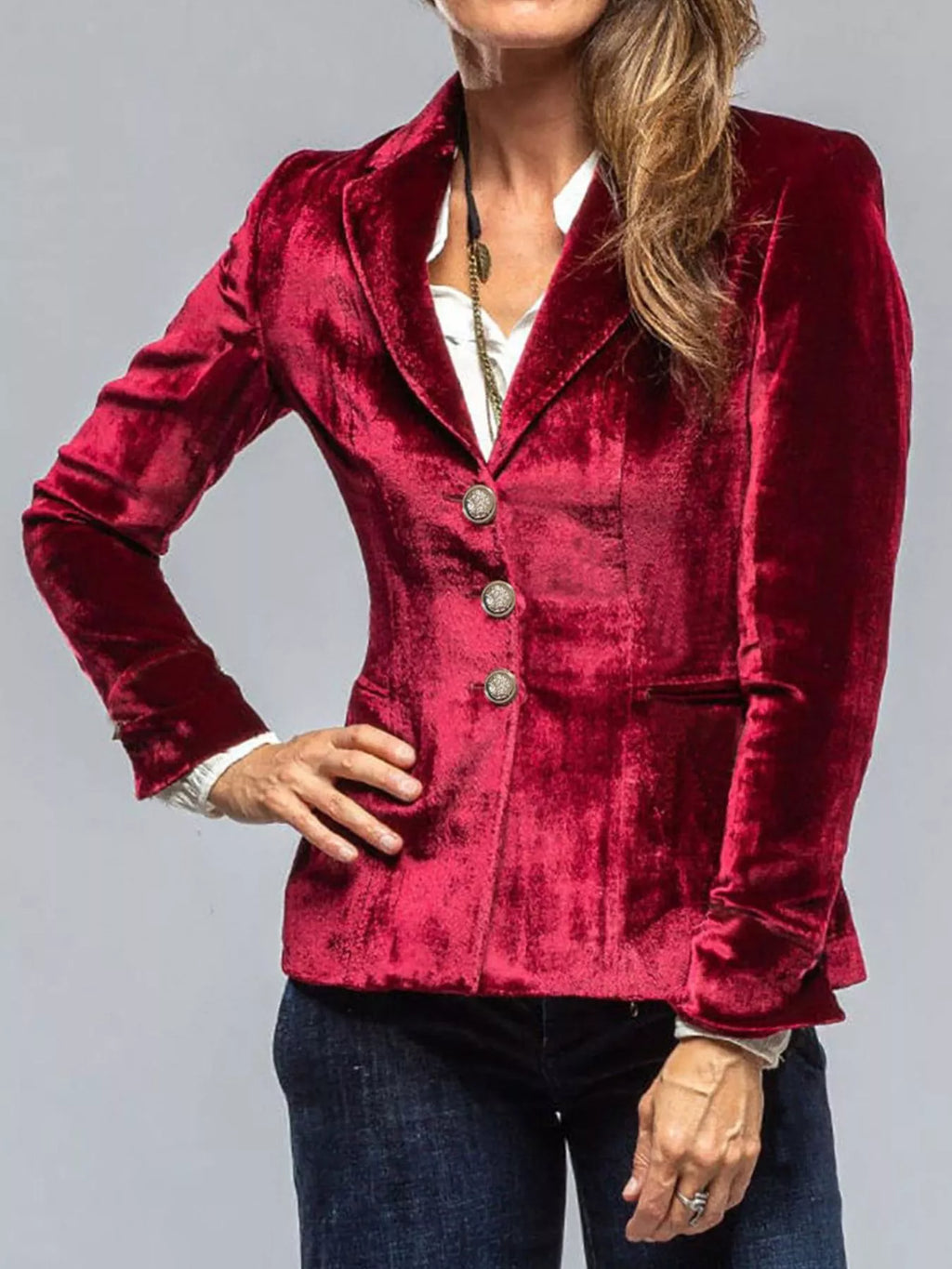 Velvet Lapel Collar Button Up Blazer - Lilixa.store