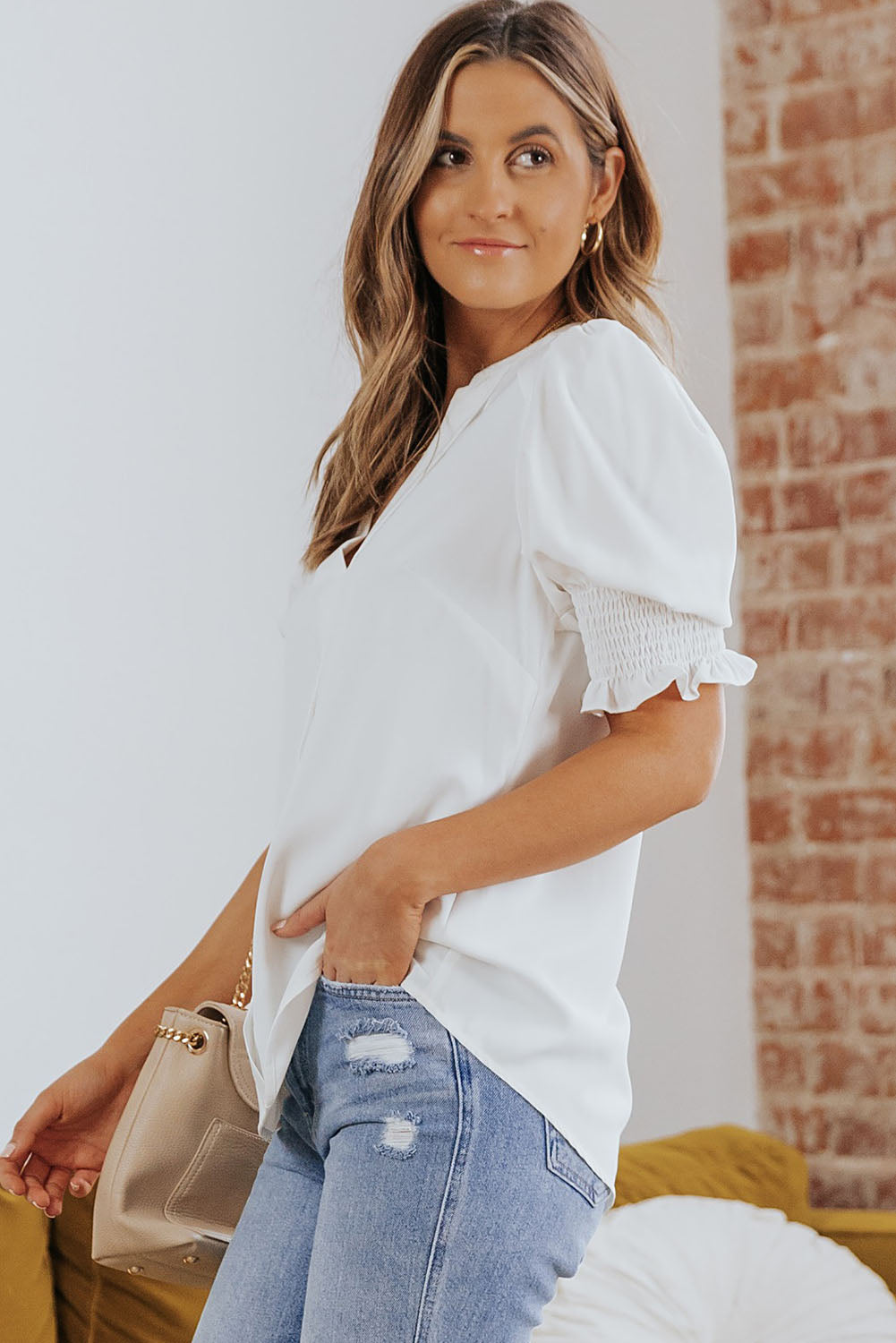 Smocked Flounce Sleeve Notched Neck Blouse, view 5