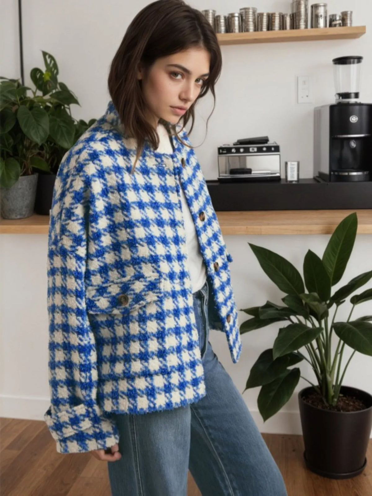 Houndstooth Button Up Long Sleeve Jacket in Blue, view 3