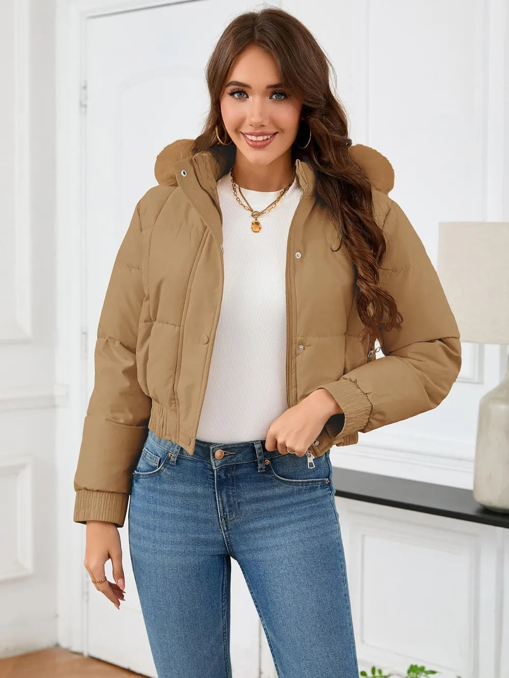 Pocketed Long Sleeve Cropped Hooded Winter Coat - Lilixa.store