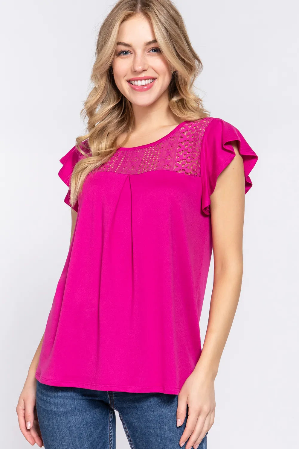 ACTIVE BASIC Ruffle Short Sleeve Lace Detail Knit Top - Lilixa.store