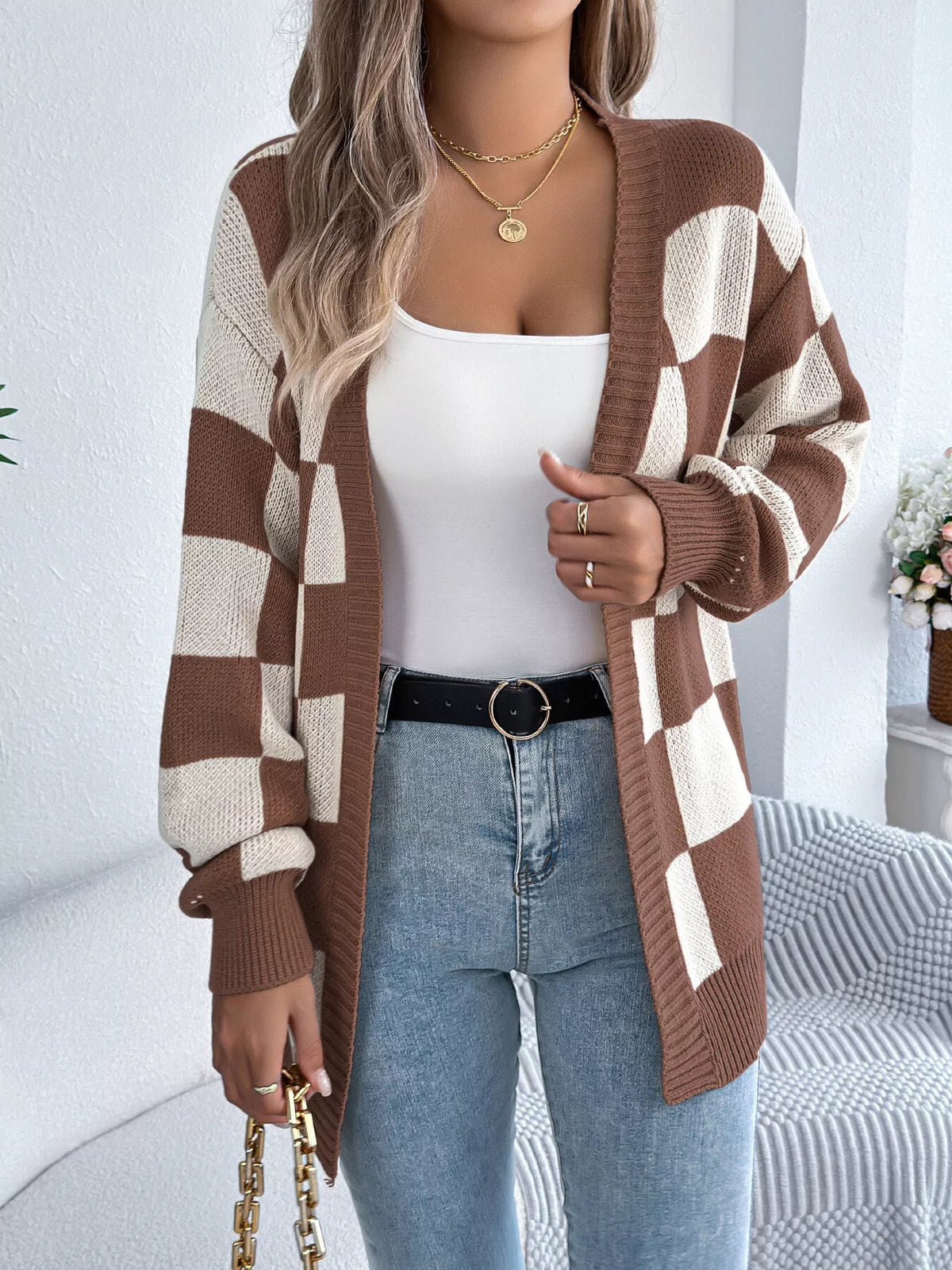 Checkerboard Pattern Open Front Knit Cardigan - Lilixa.store
