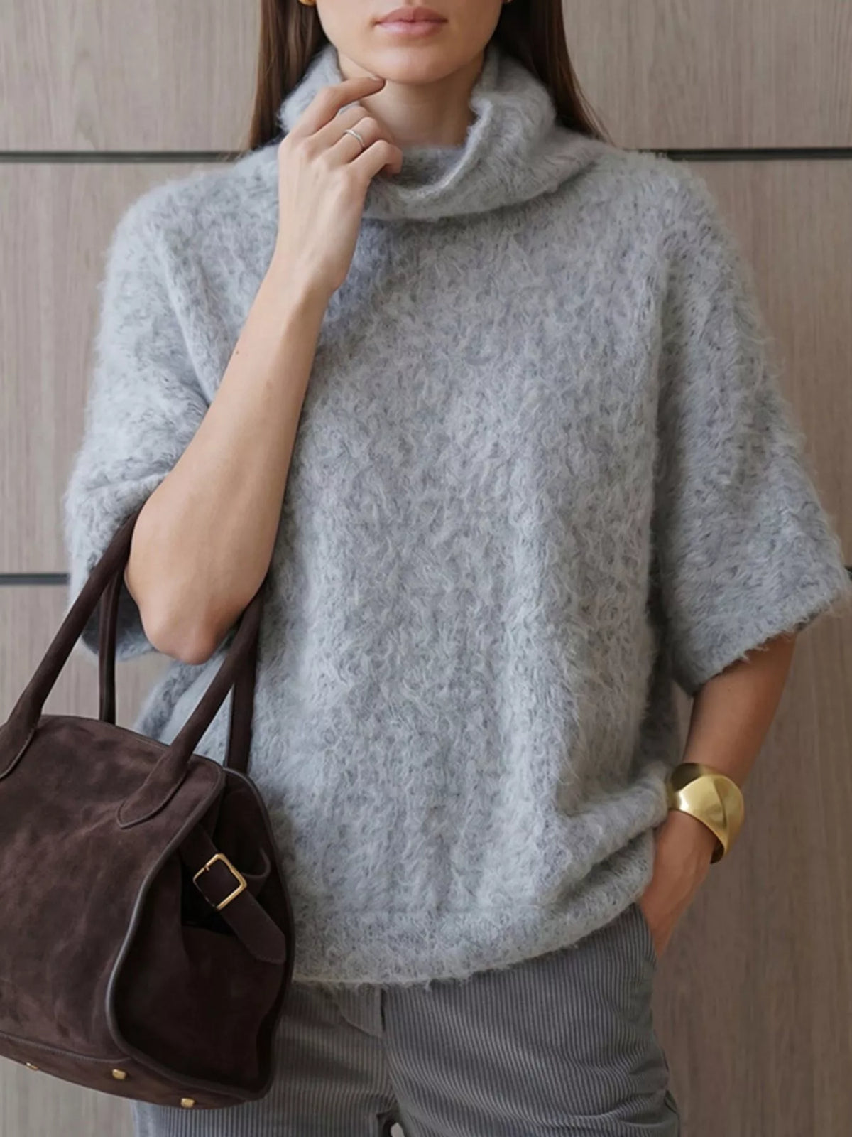Turtleneck Fuzzy Short Sleeve Sweater in Gray