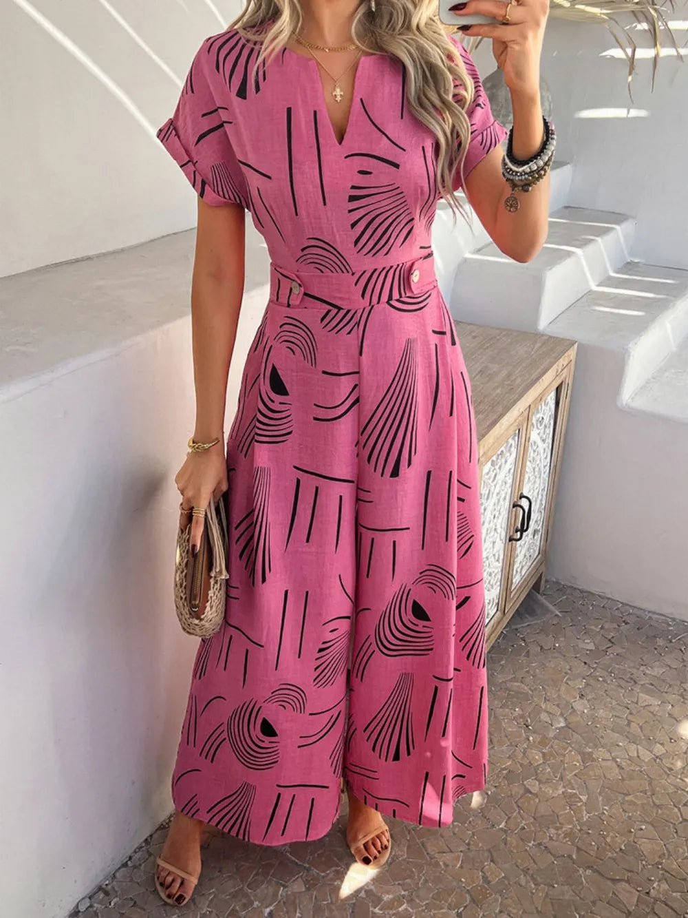 Devine Printed Notched Short Sleeve Wide Leg Jumpsuit - Lilixa.store