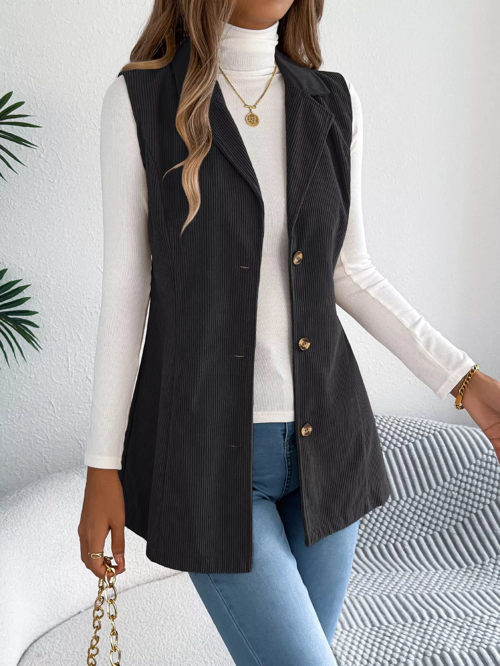 Button-Front Longline Vest Coat - Lilixa.store