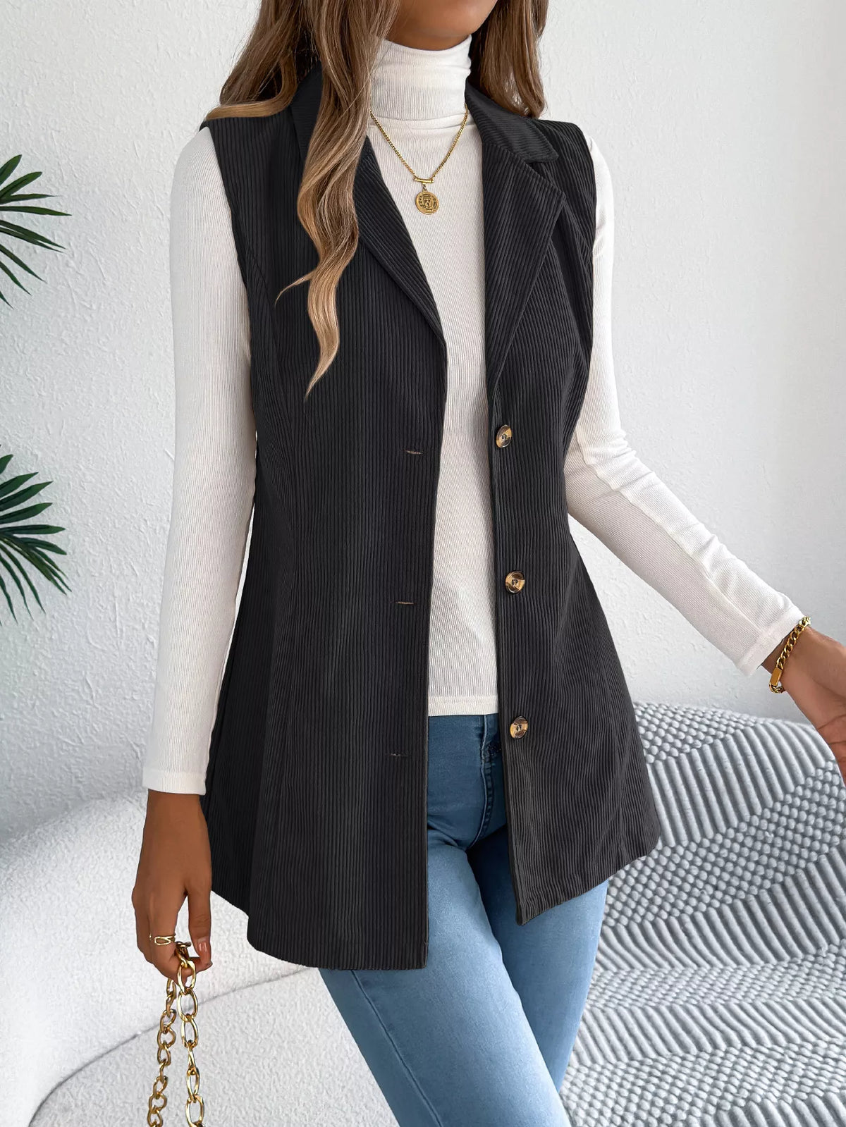 Button-Front Longline Vest Coat - Lilixa.store