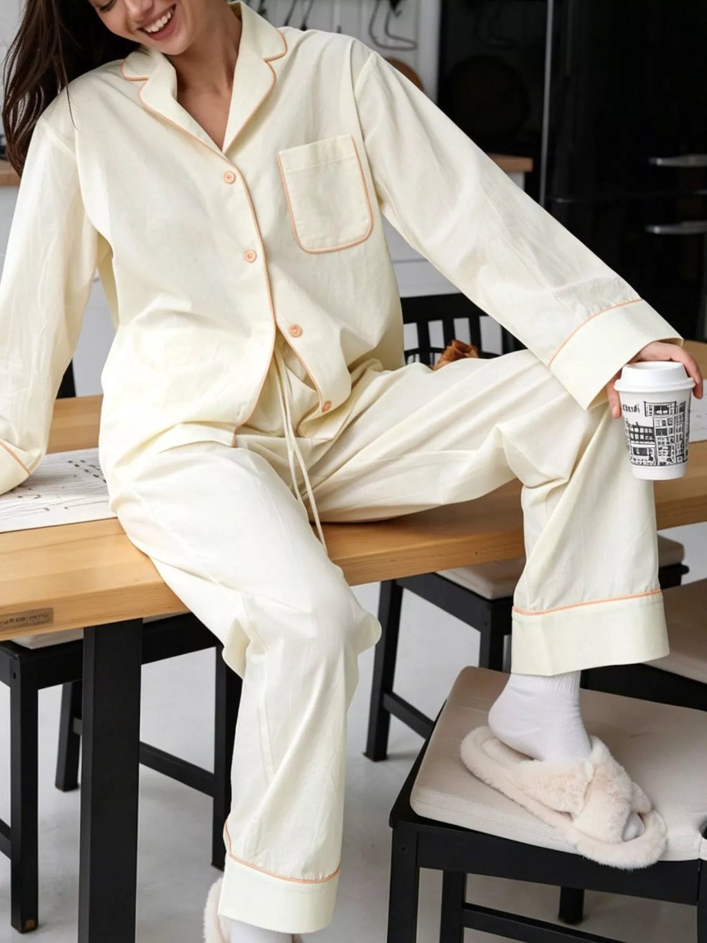 Contrast Trim Button-Down Top and Pants Lounge Set - Lilixa.store