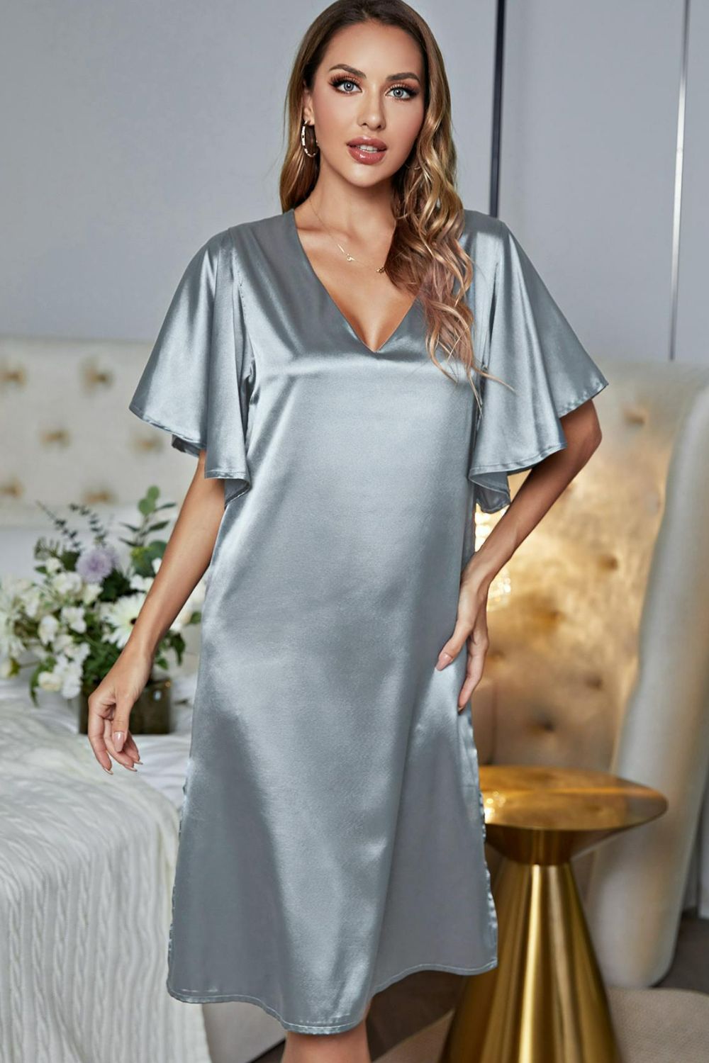 Satin Flutter Sleeve Side Slit V-Neck Night Dress - Lilixa.store