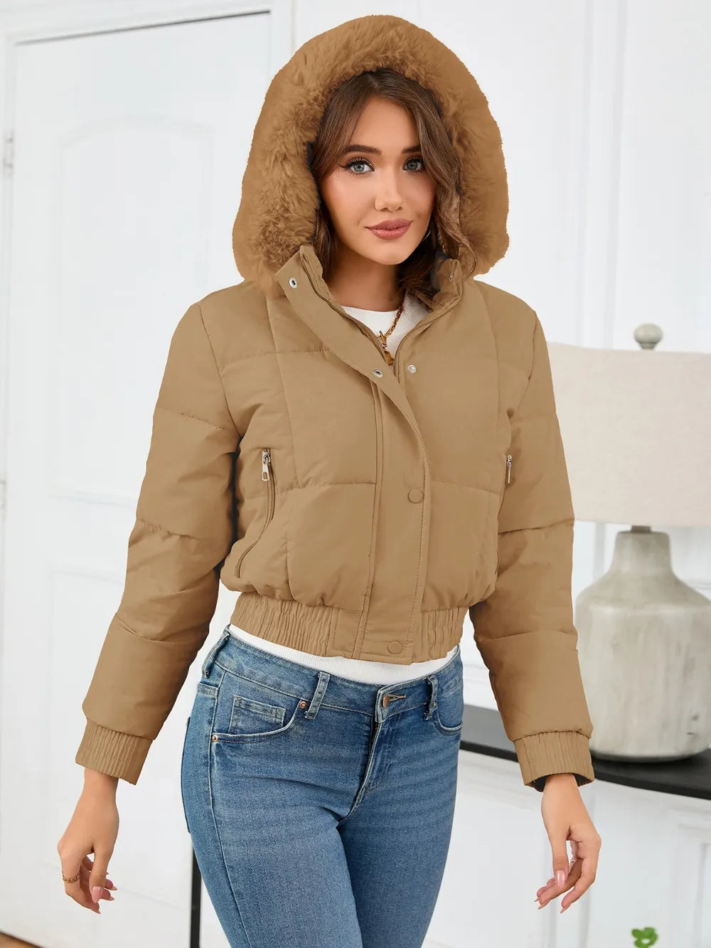 Pocketed Long Sleeve Cropped Hooded Winter Coat - Lilixa.store