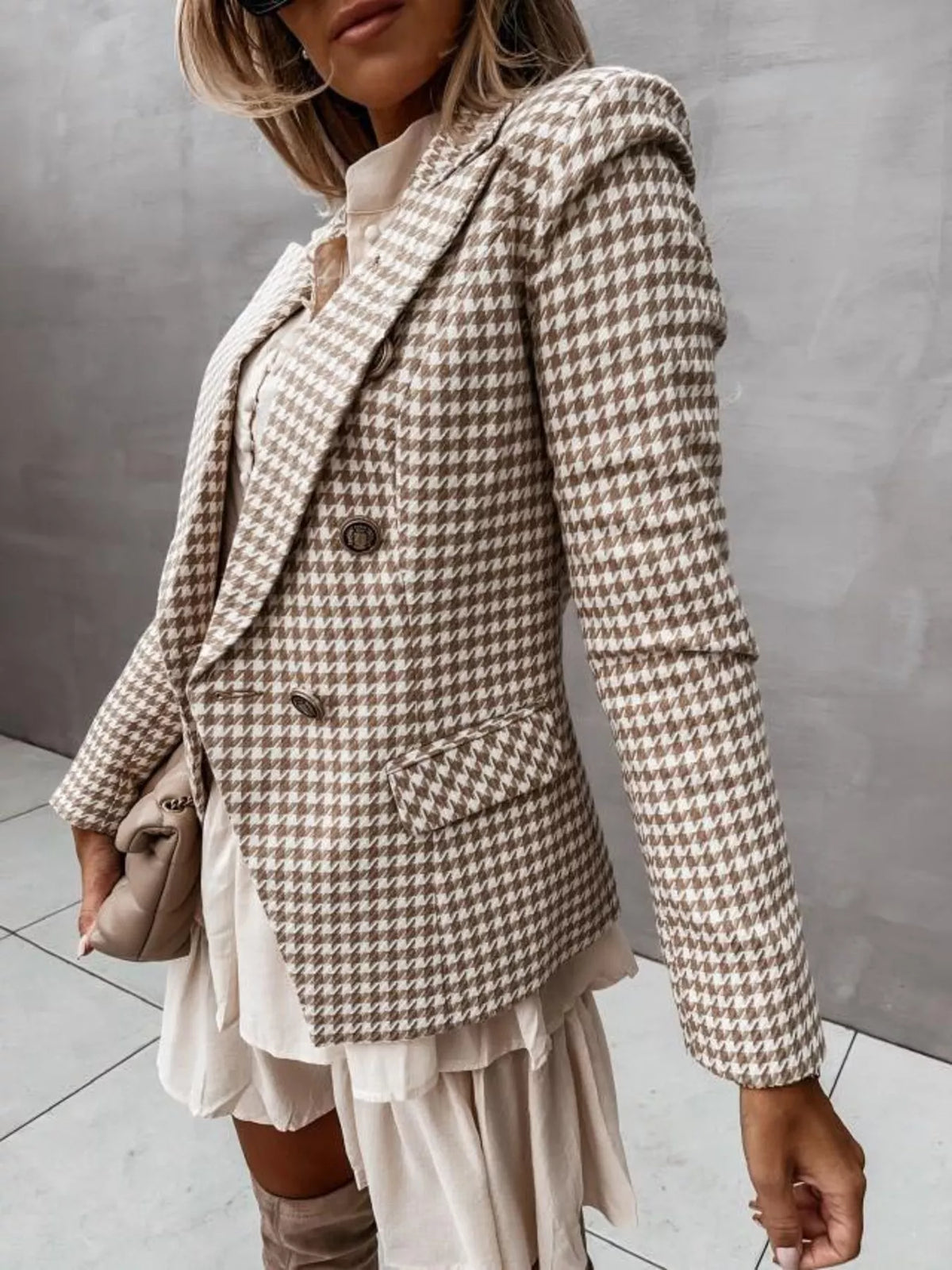 Houndstooth Double-Breasted Blazer - Lilixa.store